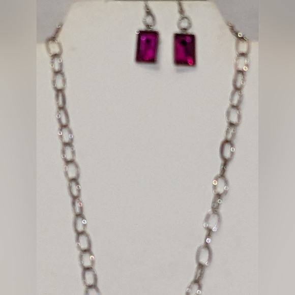 Sexy Sassy Silver & Hot pink Faceted Square Necklace & Earrings Set NEW - Picture 5 of 14